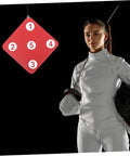Fencer beside Double-Sided Fencing Target Pro-Grade For Home Practice, Heavy-Duty Self-Training Target with Wall Mount