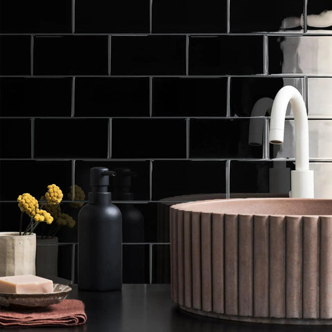 Subway Tile Peel And Stick Backsplash Star White Marble PVC Self-Adhesive Tiles Pack in a modern bathroom setting.
