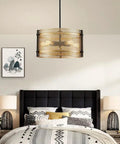 Farmhouse Drum Chandeliers Pendant Light Fixture with Gold Mesh Shade and Black Frame, 20 Inch Diameter hanging in bedroom