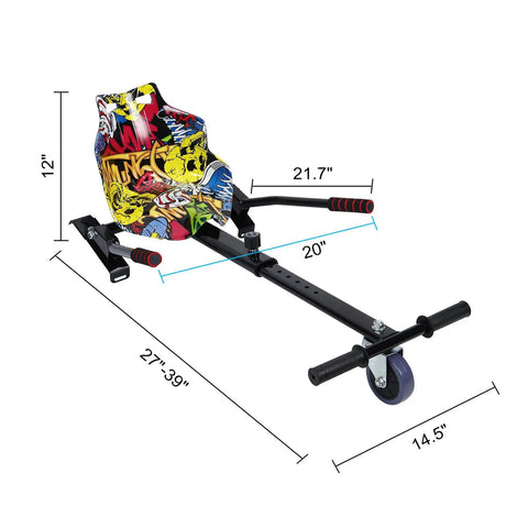 Go Kart Attachment For Hoverboards 6.5 To 10 Inch Safe Sit Down Ride For Kids And Adults Adjustable Seat Easy Assembly Smooth Steering With Foam Handles Converts Any Hoverboard Into A Sturdy Mini Kart, colorful graphics, dimension labeled