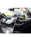 Foldable Steering Wheel Desk For Tesla Cybertruck With Expandable Dual Surface Laptop Stand and Smooth Slide Out Tray in use with food and drinks.