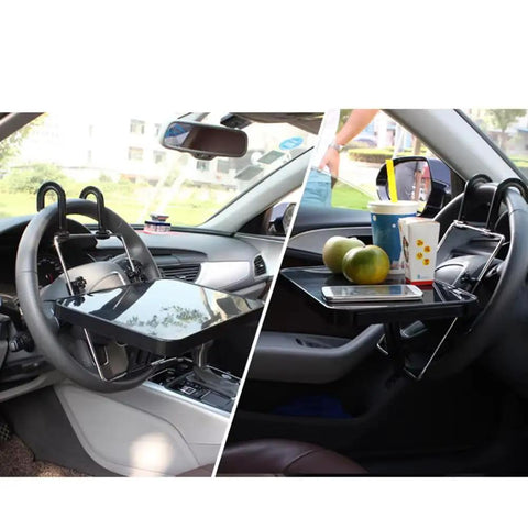 Foldable Steering Wheel Desk For Tesla Cybertruck With Expandable Dual Surface Laptop Stand and Smooth Slide Out Tray in use with food and drinks.