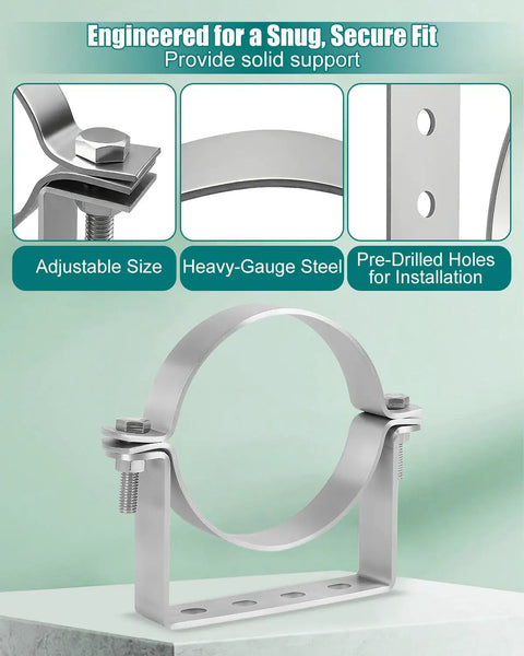 Straight Up Heavy Duty 4 Inch Split Ring Pipe Hanger With Rigid Steel Vent Bracket showing adjustable design and pre-drilled holes.