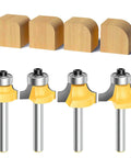 Four Piece Roundover Router Bit Set With 1/4 Inch Shank Industrial Grade C2 Carbide Bits For 1/8 1/4 3/16 5/16 Inch Cutting Diameters