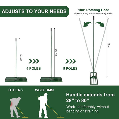 Diagram of Pro Grade Lawn Leveling Rake With 78 Inch Adjustable Handle, showing handle extension from 28 to 78 inches for easy use.