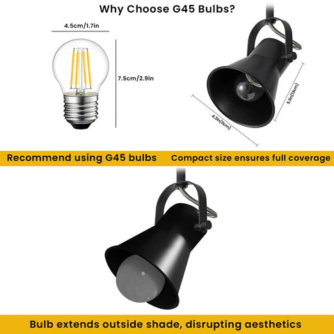 Black lamp fixture with G45 bulb compatibility for Five Light Plug In Track Lighting Kit In Black With Rotatable Heads For Living Room Bedroom Hallway And Kitchen, Dope Modern Farmhouse Ceiling Light Fixture, Easy Install And Adjustable Directional Illumination.