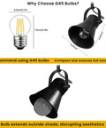 Three Light Black Track Lighting Kit With Rotatable Heads shown with G45 bulb size comparison and light fixture dimensions