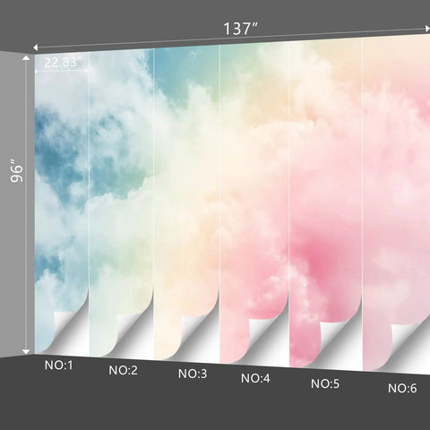 Colorful Cloud Wall Mural For Living Room And Bedroom Decor Fabric Material Large 137 By 96 Inch Backdrop Not Peel And Stick Requires Thick Wallpaper Adhesive Divided Into Six 22.83 Inch Wide Panels