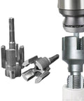 Heavy Duty Integrated Pipe Threading Tool For 1/2 And 3/4 Inch Water Pipes shown with drill attachment and threading dies.