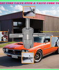 Tire Valve Stem Removal And Core Replacement Tool Kit for cars with a disassembler and replacement cores, shown with a car in background.
