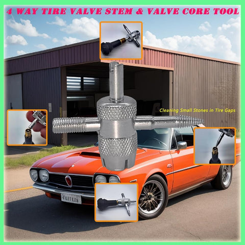 Tire Valve Stem Removal And Core Replacement Tool Kit for cars with a disassembler and replacement cores, shown with a car in background.