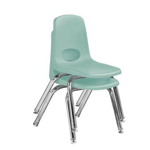 Two seafoam 12 inch school stack chairs with chromed steel legs, non marring swivel glides, perfect for homeschool or classroom use.