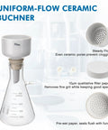Buchner Funnel Filtration Kit With Handheld Vacuum Pump And 500mL Lab Vacuum Flask Includes 100 Pcs Filter Paper And Rubber Stoppers Set For Fast Pro Grade No Fuss Leakproof Lab Filtration kit with ceramic Buchner funnel and flask in lab setup.