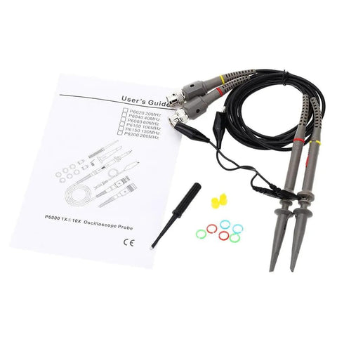 60MHz Oscilloscope Probe Kit With X1 And X10 Attenuation Switch, 123cm Lead Length, Hook Tips, Ground Leads, and User Manual
