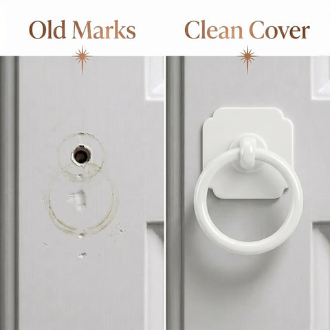 Two Pack Ceramic White Cabinet Ring Pulls With 1.6 Inch Backplate, hiding old screw marks on door.