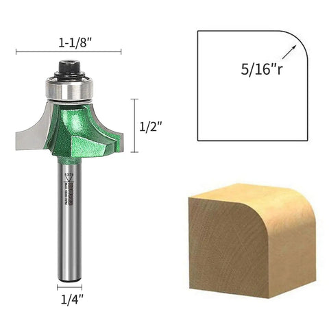 Pro Roundover Router Bit Set Four Piece With One Quarter Inch Shank Radii One Eighth, Three Sixteenths, One Quarter, Five Sixteenths Heavy Duty C3 Carbide Bit with 5/16 radius illustration