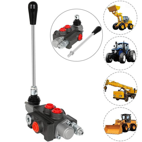 Hydraulic flow control valve with 1 spool and lever handle; gray body, red port openings; for tractors/loaders