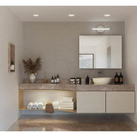 Modern bathroom with LED Vanity Light 22 Inch With Etched White Glass Brushed Nickel Finish Luxe Bath Fixture above the mirror.