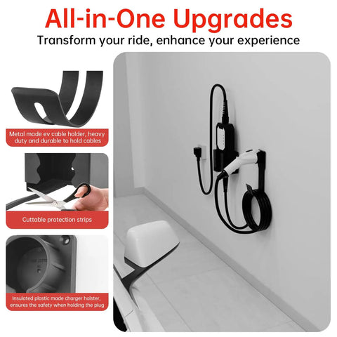 EV Charger Wall Mount Kit With J Hook Cable Holder For SAE J1772 Connectors in a garage setting with cable management features