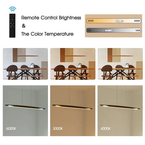 51 Inch Walnut Wood Linear Pendant Light For Kitchen Island And Dining Room Featuring Smooth Modern Lines And Straight Up Gorgeous Illumination To Level Up Your Home Decor Vibes Right Now, shown in different brightness settings and color temperatures.
