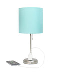 Aqua Desk Lamp In Brushed Steel With Built In Charging Outlet And Drum Fabric Shade Slick Slim Stick Design For Modern Home Office Living Room Or Bedroom Perfect For Tiny Spaces And Cozy Textures