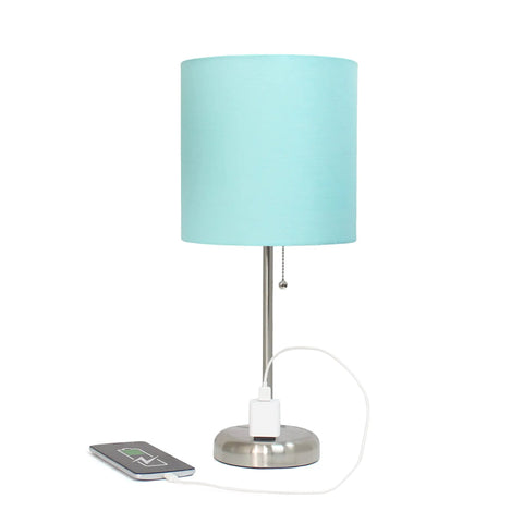 Aqua Desk Lamp In Brushed Steel With Built In Charging Outlet And Drum Fabric Shade Slick Slim Stick Design For Modern Home Office Living Room Or Bedroom Perfect For Tiny Spaces And Cozy Textures