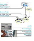 Top Shelf Bench Scale With Integrated Label Printer For Warehouse Work And Manufacturing Floors Hella Precise Heavy Duty Counting And Weighing Solution showing dimensions and features.