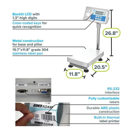 Top Shelf Bench Scale With Integrated Label Printer For Warehouse Work And Manufacturing Floors Hella Precise Heavy Duty Counting And Weighing Solution showing dimensions and features.