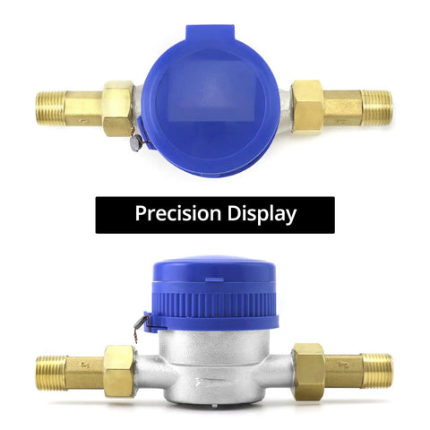Two Pack Water Meter For Cold Water With Pulse Output Half Inch BSPT Thread And Half Inch NPT Adapters, blue rotating dial, brass fittings