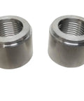 Pair Of Heavy Duty 3/8 Inch NPT Female Weld On Bung Fittings For Fuel Cells Oil Pans Radiators Solid 6061 Aluminum Raw Finish Built Tough As Nails Made In Usa, showing two threaded bungs.