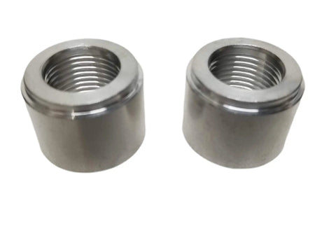 Pair Of Heavy Duty 3/8 Inch NPT Female Weld On Bung Fittings For Fuel Cells Oil Pans Radiators Solid 6061 Aluminum Raw Finish Built Tough As Nails Made In Usa, showing two threaded bungs.