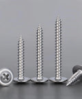 Rock Solid 150 Piece Set Of Heavy Duty Eight By One Inch Phillips Truss Head Stainless Steel Self Tapping Fasteners arranged on a surface.