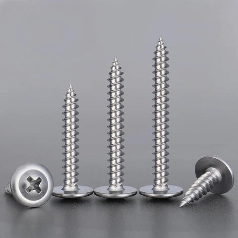 Rock Solid 150 Piece Set Of Heavy Duty Eight By One Inch Phillips Truss Head Stainless Steel Self Tapping Fasteners arranged on a surface.