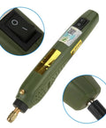 Premium Mini Electric Drill And Rotary Tool Kit With Instant Speed Change, green grip, detailed switch, cord connection, precision tool.