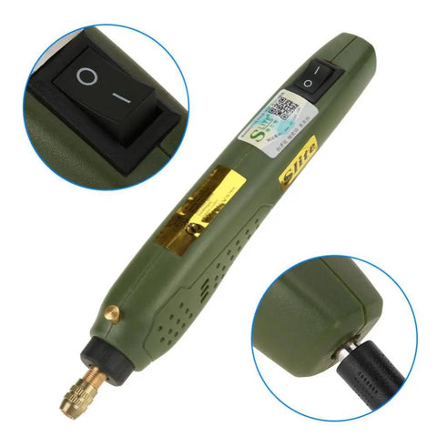 Premium Mini Electric Drill And Rotary Tool Kit With Instant Speed Change, green grip, detailed switch, cord connection, precision tool.