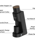 Heavy Duty Single Dose Coffee Grinder With Six Conical Burrs And Stepless Dial, full metal body with wooden lid.