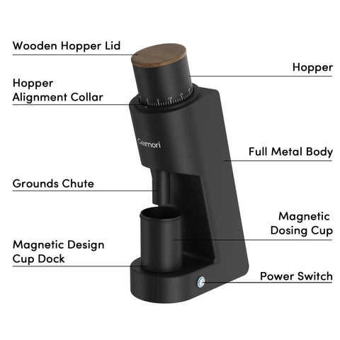 Heavy Duty Single Dose Coffee Grinder With Six Conical Burrs And Stepless Dial, full metal body with wooden lid.