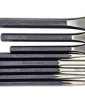 Heavy Duty Jumbo 8 Piece Punch And Chisel Set For The Workshop Beefy Pro Grade Punch Pins And Chisels laid flat in black oxide finish.