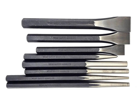Heavy Duty Jumbo 8 Piece Punch And Chisel Set For The Workshop Beefy Pro Grade Punch Pins And Chisels laid flat in black oxide finish.