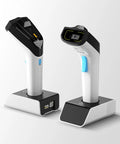 Wireless Hybrid RFID And 2D Barcode Scanner With UHF RFID Reader Bluetooth Scan For Retail And Hospitality Systems Boss Level Data Capture And Quick Mode Switching, showing front and side views with charging bases.