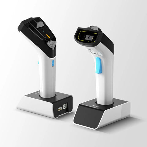 Wireless Hybrid RFID And 2D Barcode Scanner With UHF RFID Reader Bluetooth Scan For Retail And Hospitality Systems Boss Level Data Capture And Quick Mode Switching, showing front and side views with charging bases.