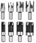 Badass 8 Piece Wood Plug Cutter Set Made From Heavy Duty Carbon Steel With Round Shank Design and 8 plug cutters displayed.