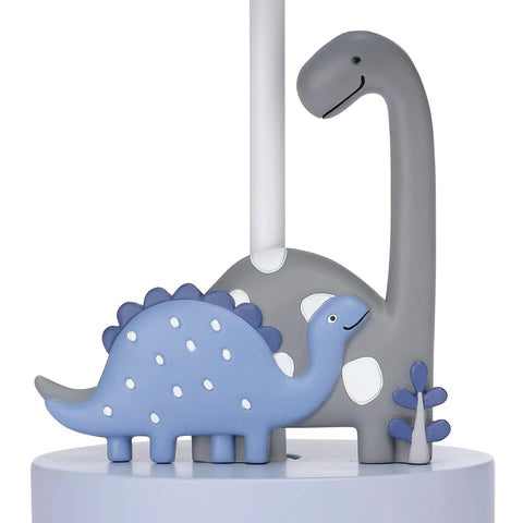 Kids Dino Night Light Lamp With Shade For Nursery Or Kid Room featuring gray mommy dino and blue baby dino, 11 inch tall lamp
