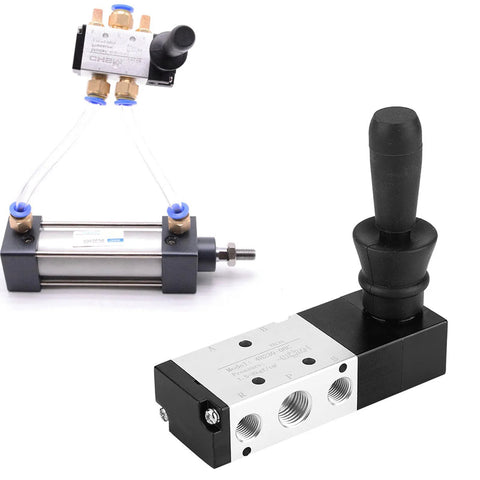 Manual Pneumatic Valve Hand Lever Control for 5 Port 3 Position Air Circuit, G1/8 Mechanical Valve showcased with hand lever