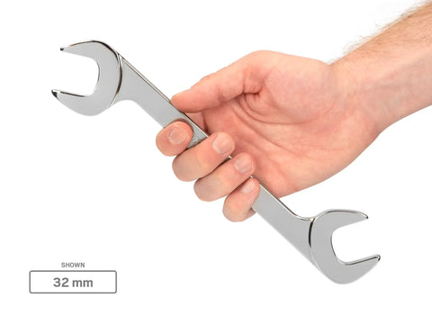 Hand holding 32 mm wrench from Angle Head Open End Wrench Set 4-Piece 24 27 30 32 Mm With 30 60 Degree Offset For Tight Access Optimized