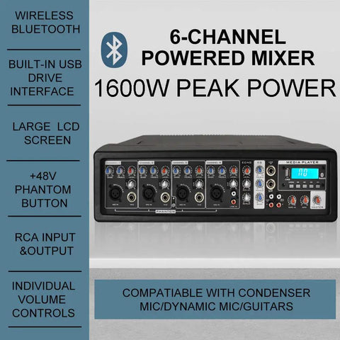 1600W 6-Channel Powered Bluetooth Mixer PA System With 10-Inch Passive Speakers featuring wireless Bluetooth and USB interface.