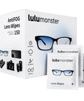 lulumonster Anti-Fog Lens Wipes box with 150 individually wrapped wipes; front view shows three sachets.