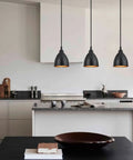 Three Light Kitchen Island Pendant Fixture For That Dope Industrial Farmhouse Vibe With Matte Black Metal Bell Shade And Golden Accents