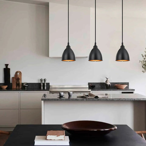 Three Light Kitchen Island Pendant Fixture For That Dope Industrial Farmhouse Vibe With Matte Black Metal Bell Shade And Golden Accents