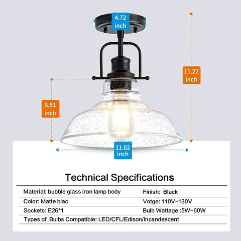 Technical specifications of farmhouse flush mount ceiling light with aged black metal frame and seeded glass shade.